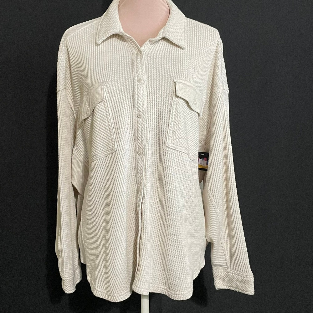 Aerie Waffle Knit Button Down Shirt Womens L Cream Excellent Oversized Shacket